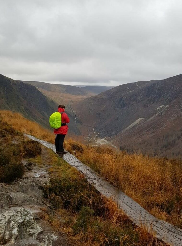 Ich stehe auf einem schmalen Holzweg im Nieselregen. Habe eine Rote Jacke, schwarze Hosen an und einen Rucksack mit  gelben Regenschutz auf. Im Hintergrund sieht man in Braun-gelb Tönen die Wicklow Mountains