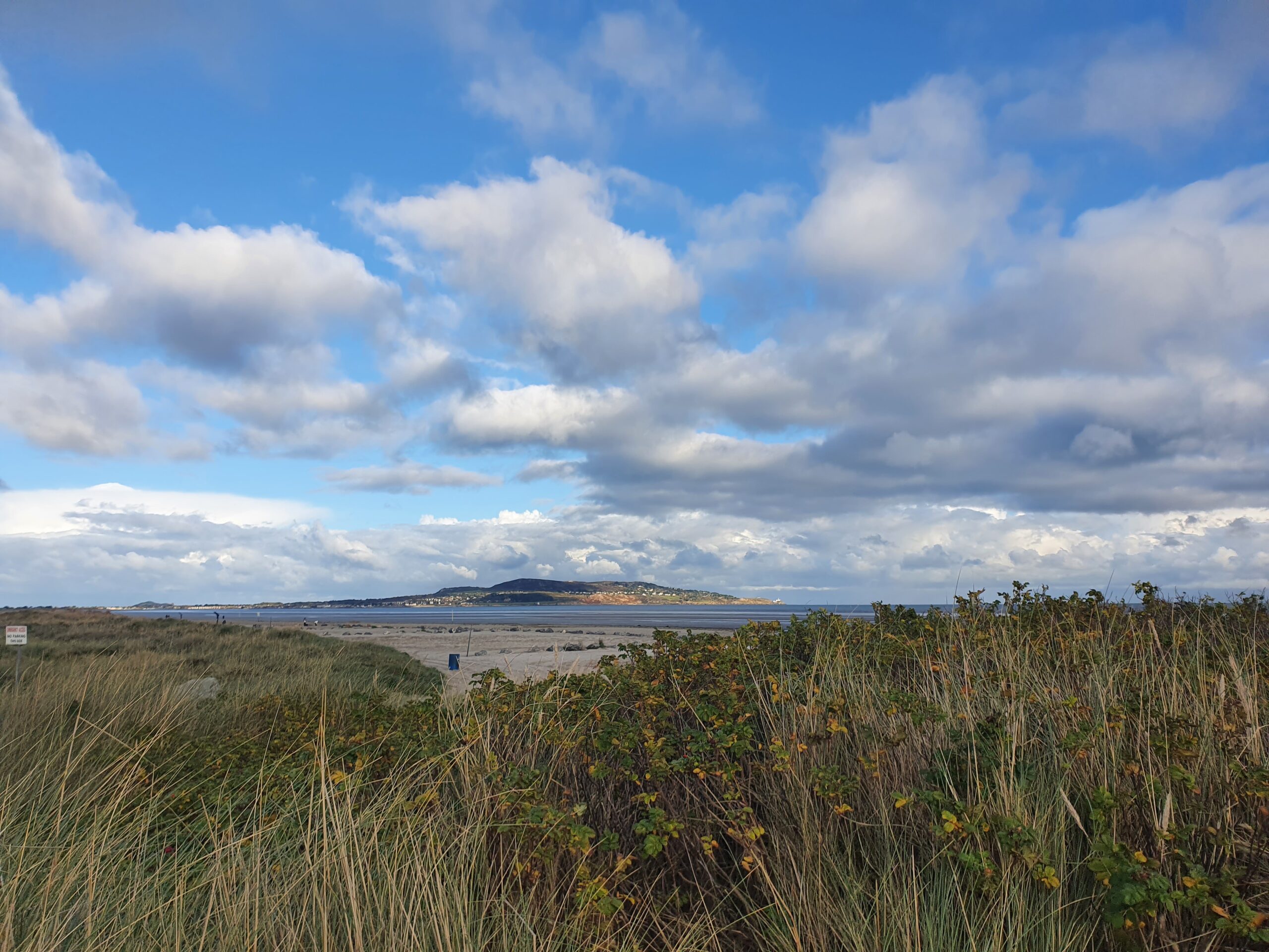 Blick von den Dünen, über den Strand bei Dollymount auf Bull Island. Im Hintergrund Howth