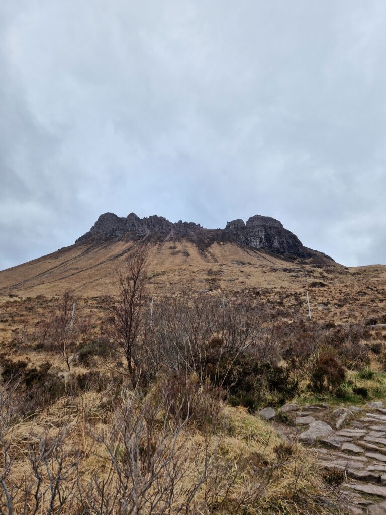 Blick auf die Stac Pollaidh Ridge im Winter. Bäume sind kahl, das Gras ist braun-gelblich